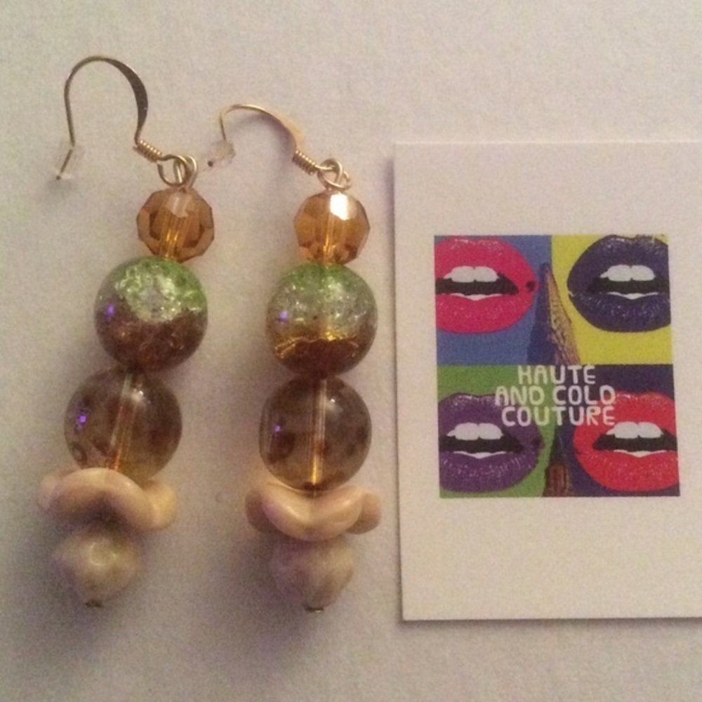 NEW Handmade Bone Resin & Green Glass Earrings